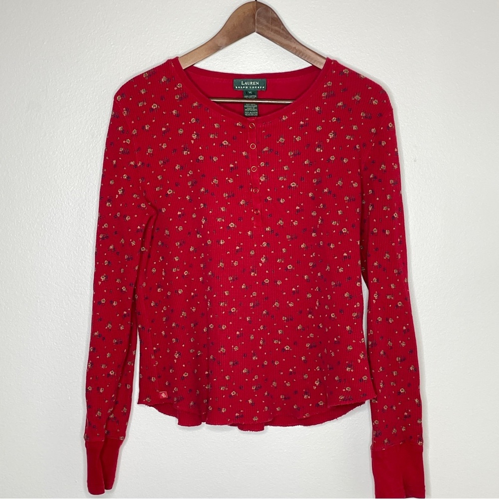 Lauren Ralph Lauren Red Floral Waffle Knit Henley M Thermal Cottagecore VTG 90s